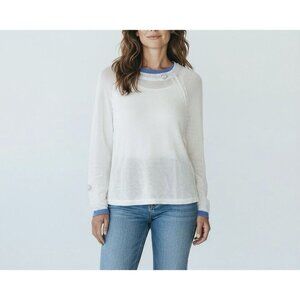 Just Madison Cotton Linen Sweater Small White Blue Detail Nautical Coastal NWT